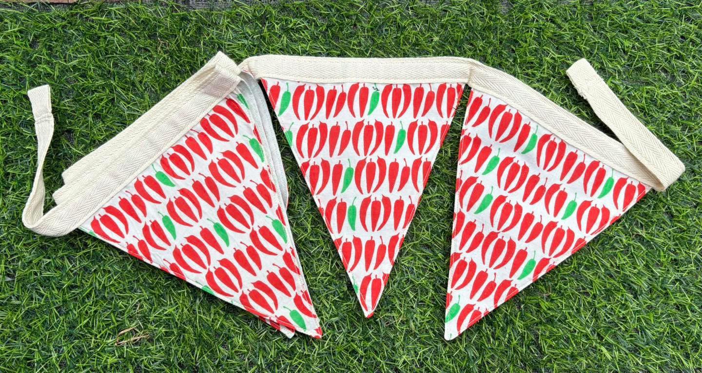 Christmas Craft Sale 2025. Item 70. Bunts! Hot stuff. Beautifully made hot chilli bunts. Gorgeous cotton print. With twill cotton herringbone tape. Each bunt is approx 19cm deep. There are 7. The whole garland measures approx 146cm long. Superb!