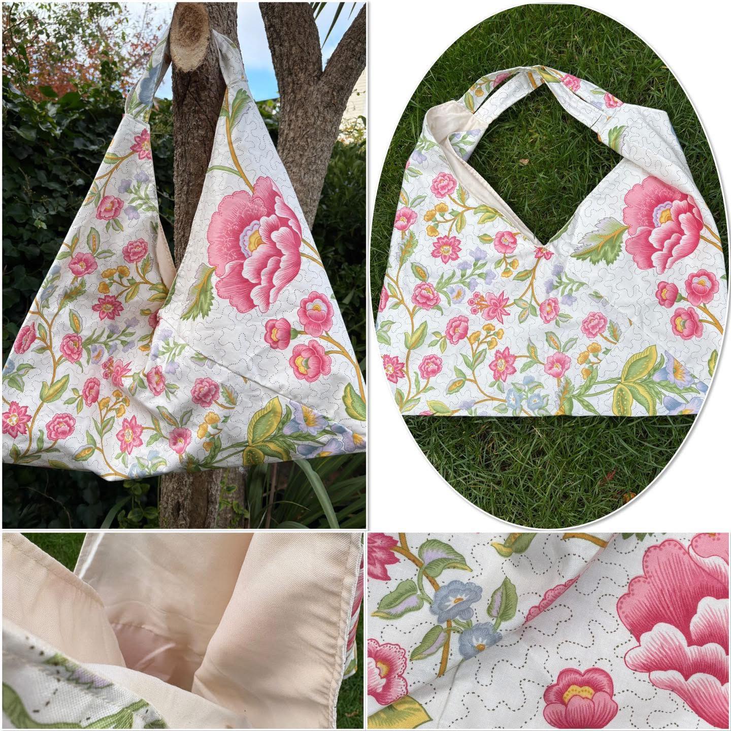 Christmas Craft Sale 2025. Item 159. Stunning slouchy bag. It’s fabric origami! Gorgeous floral prints. Absolutely beautiful. It’s lined in cream cotton. Perfect as a shopper, craft bag, all the things. Measures approximately 52cm wide and 27deep. Just fantastic.