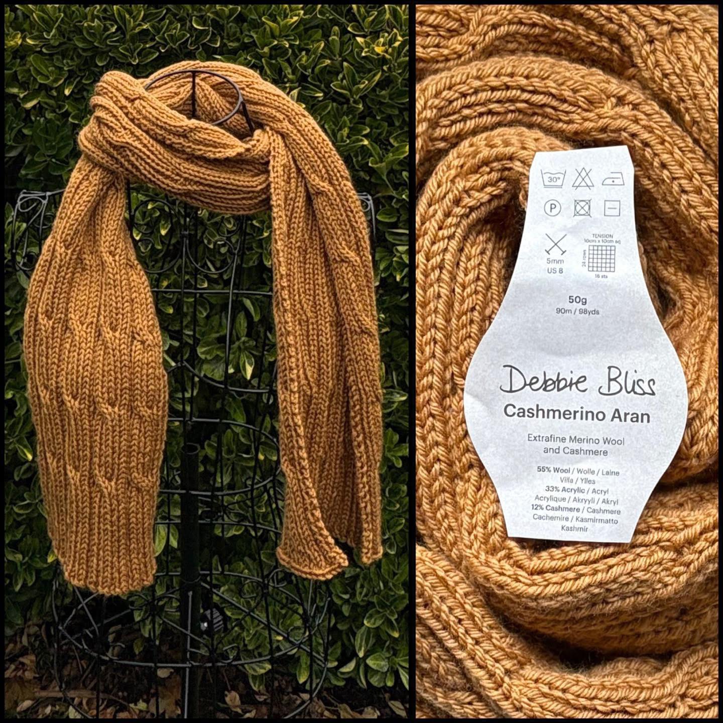 Christmas Craft Sale 2025. Item 172. Such a stunning and luxurious scarf in rich mustard. Beautifully knitted in super soft and cosy Debbie Bliss Cashmerino Aran. A blend of 55% Merino Wool, 33% Acrylic, 12% Cashmere. Measures approximately 168cm by 20cm.