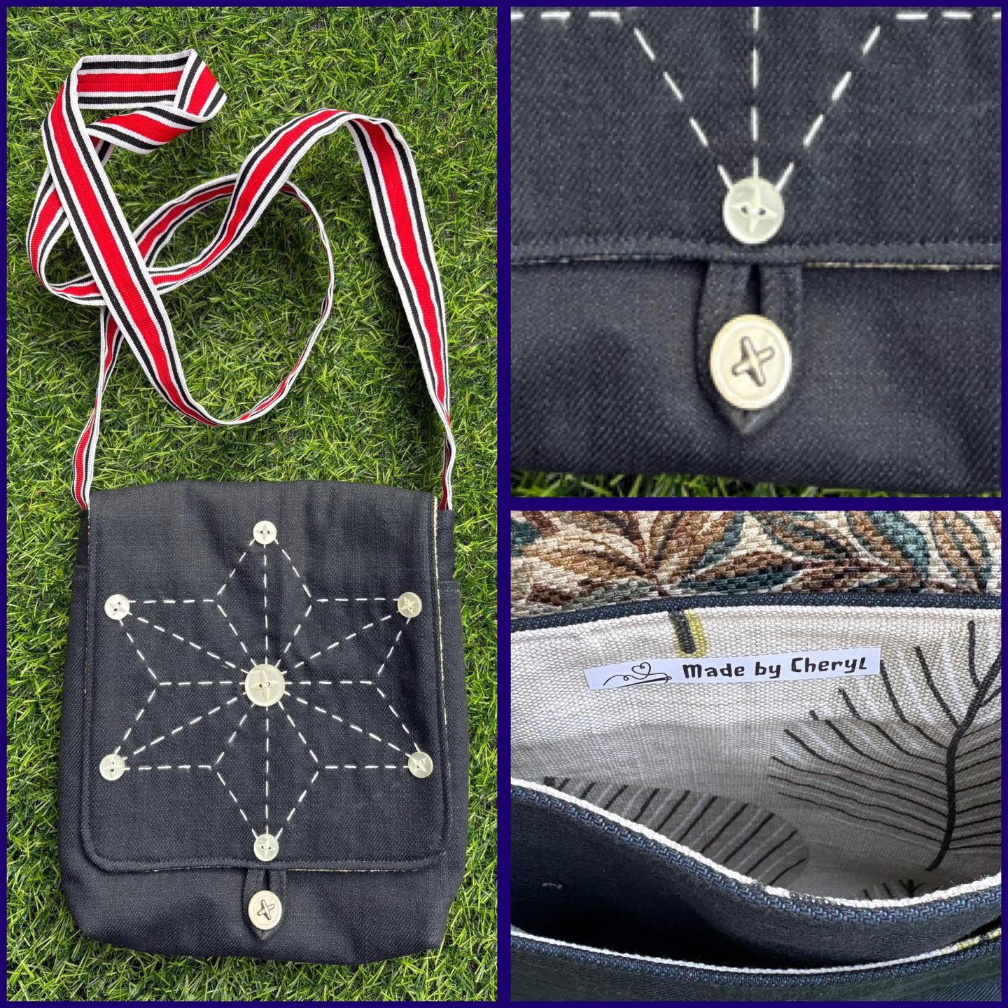 Christmas Craft Sale 2025. Item 161. Beautiful cross body bag in upcycled jeans! Beautiful embroidery and button detail. This is just lovely. Two pockets inside with button fastener. Adore the contrasting strap. Measures approximately 22cm by 21cm . Just fantastic