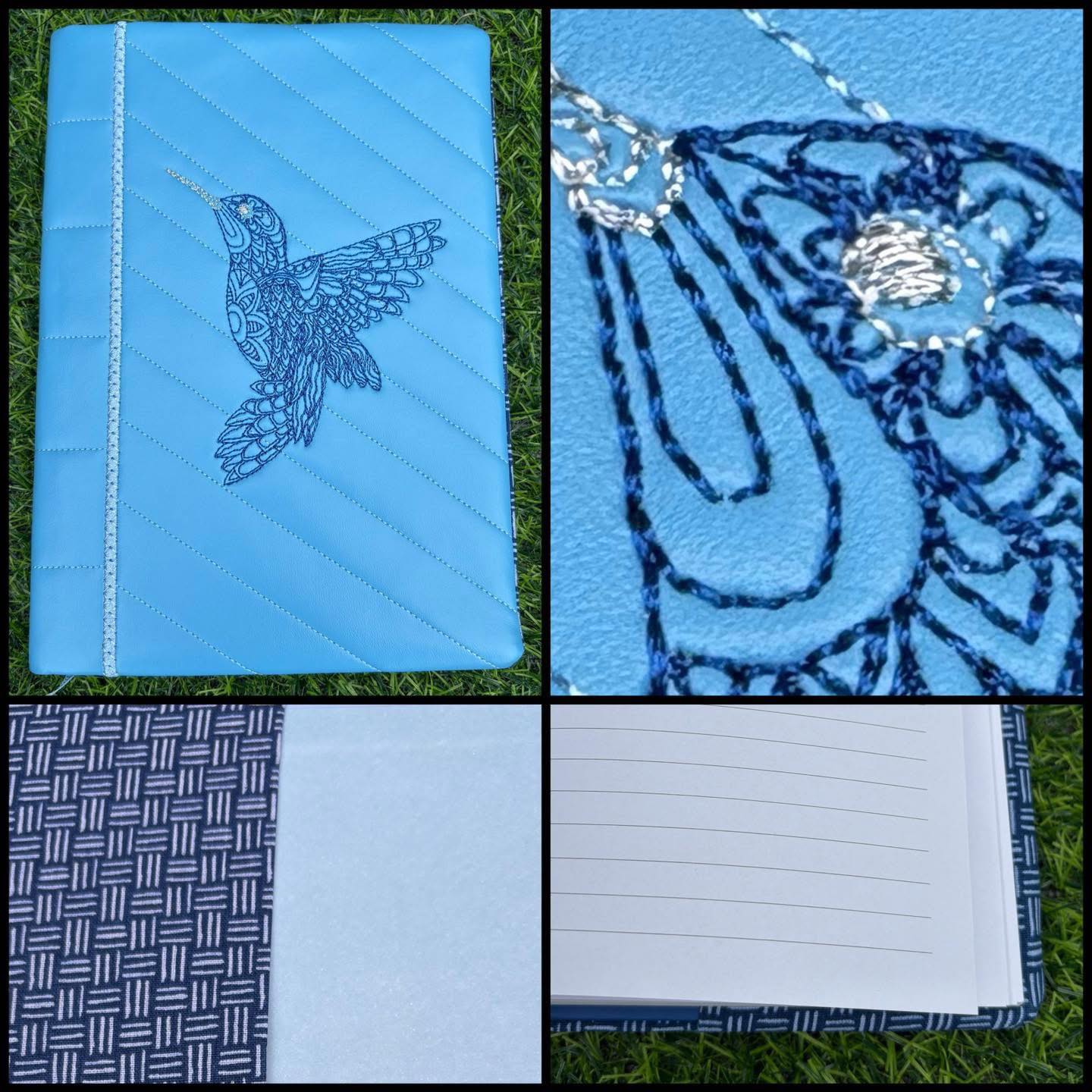 Christmas Craft Sale 2025. Item 182. Hummingbird! Absolutely superb A5 hard back notebook with stunning cover. Beautifully quilted in pale blue faux leather outer and blue cotton print inner, with such delightful embroidery. Cover is removable and the notebook is lined. Fantastic.