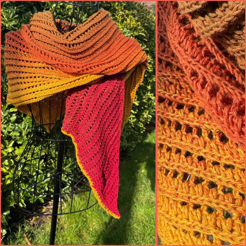 Spring Craft 2026. Item 154. “Autumn Leaves” colourway. Stunning wrap in ombré shades of browns/reds.